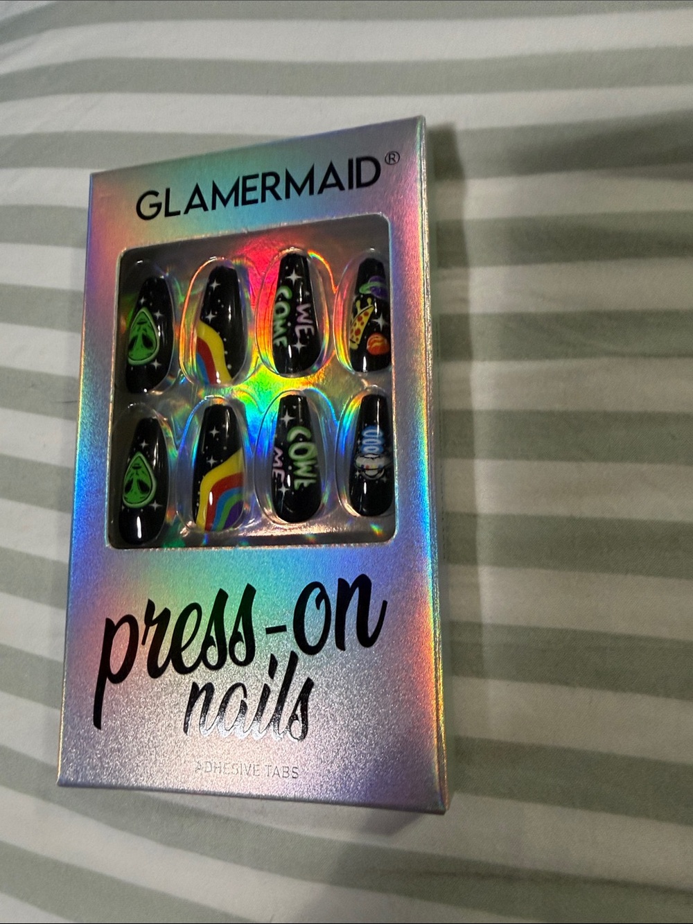 Black Cosmic Press-On Nails with Rainbow Accents